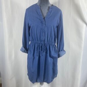 crown & ivy Chambray Blue Drawstring Waist Long Sleeve Dress